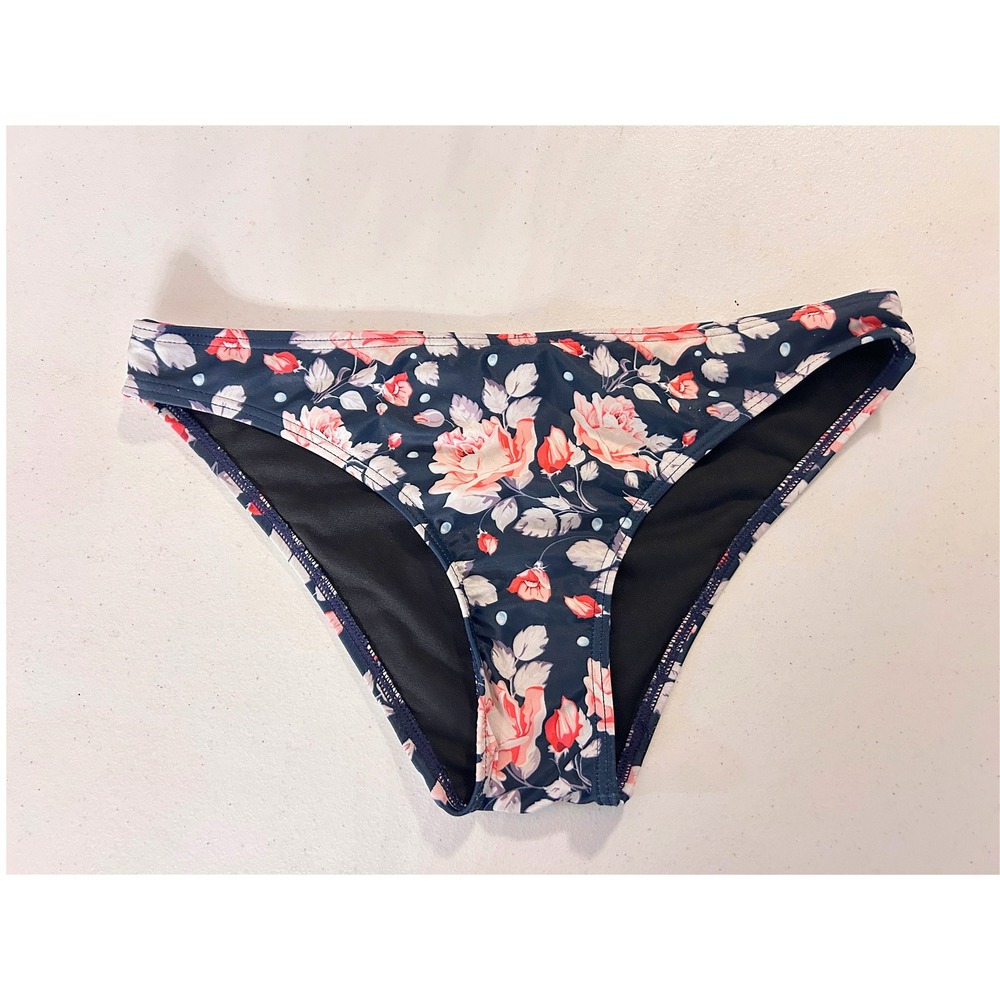 Navy Blue Pink Floral Bikini Swim Bottoms SMALL Low Rise Cheeky